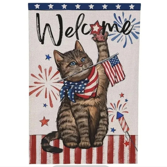 Welcome tabby cat flag patriotic colors flag fireworks 4th july independence day - Picture 1 of 4
